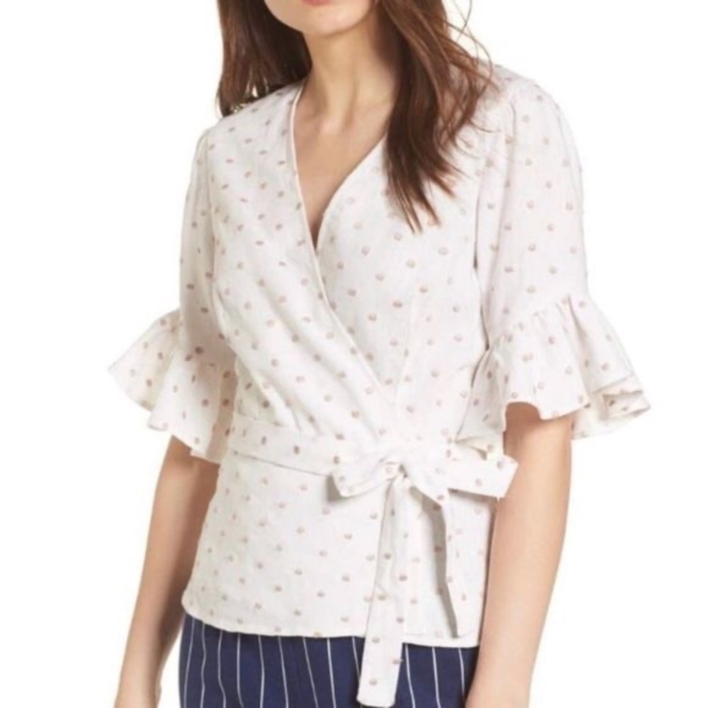 WAYF Women S Ivory Beige Linen Blend Embroidered Polka Dot Kaitlyn Wrap Blouse